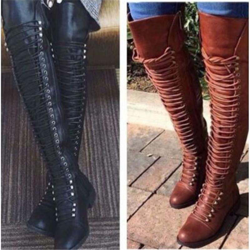 Over The Knee Combat Boots Thigh High Motorcycle Boots Lace Up Tall Boots For Women Tohittheroad 3579