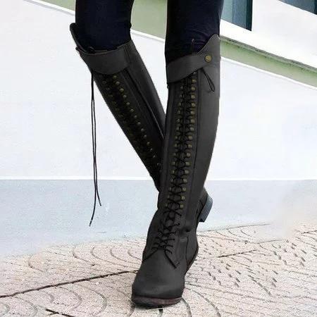 Knee high riding boots for women lace up low heel riding boots ...