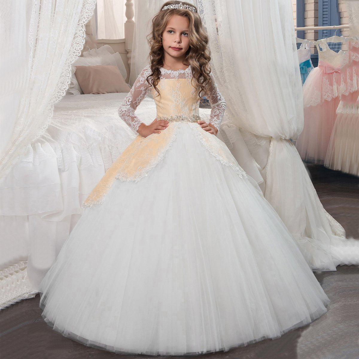 Lace Embroidery Sheer Long Sleeves Kids Trailing Gowns Flow Dress ...