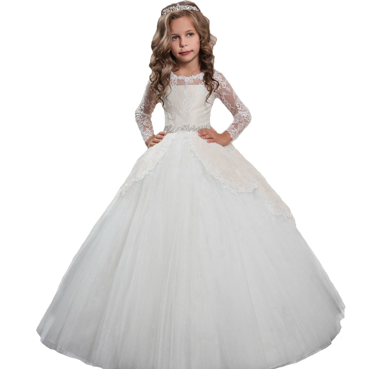 Lace Embroidery Sheer Long Sleeves Kids Trailing Gowns Flow Dress ...