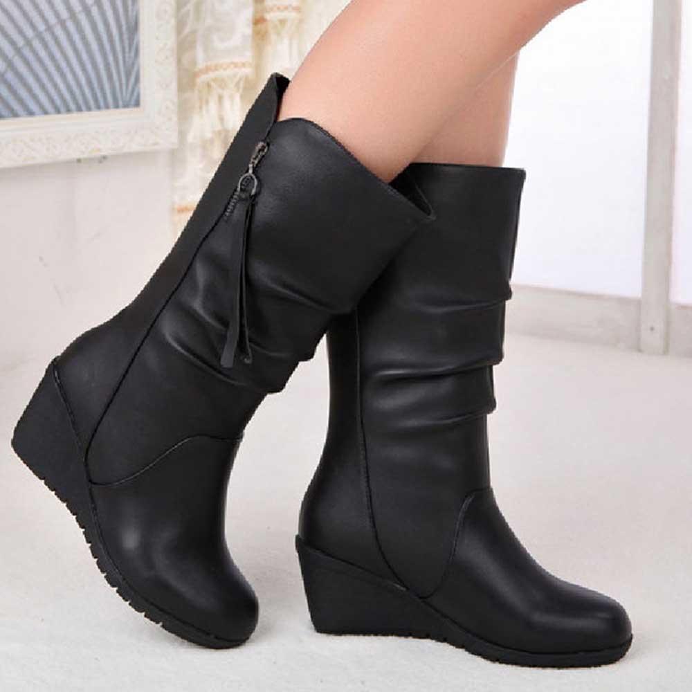 Black mid calf wedge boots winter boots for mom – ToHitTheRoad